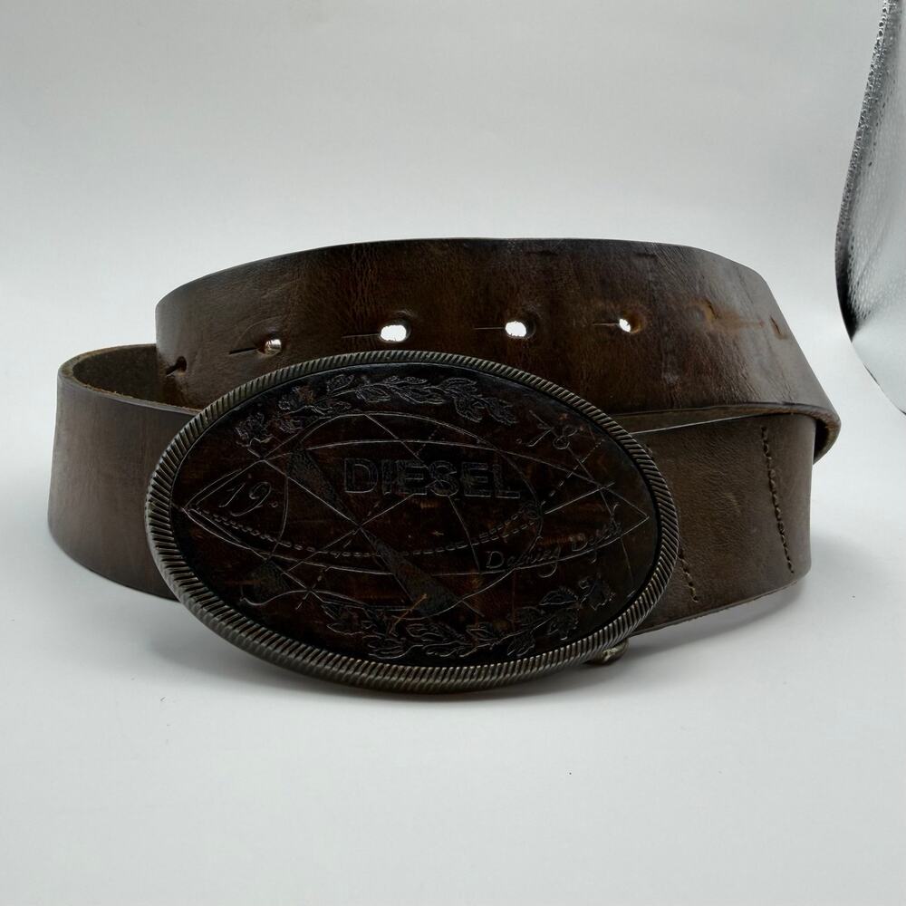 Vintage Diesel Logo Buckle Leather Belt Brown Distressed Italy Size 85 Oval